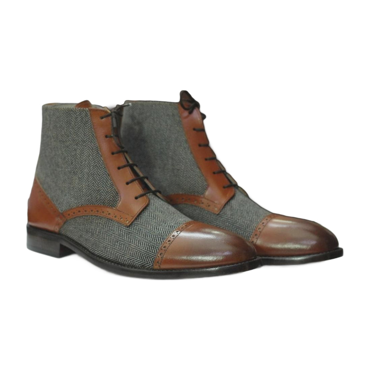 Handmade Tweed & Leather Cap-Toe Brogue Boots