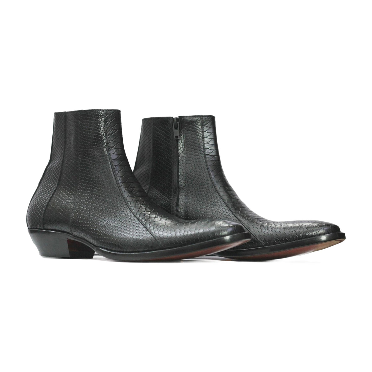 Handmade Black Python Texture Motorcycle Ankle Boots