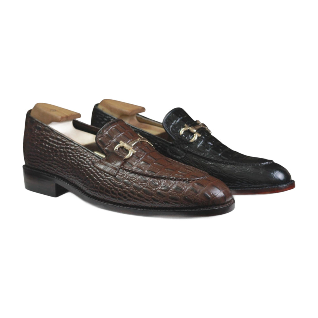 Handmade Crocodile Print Horsebit Penny Loafers