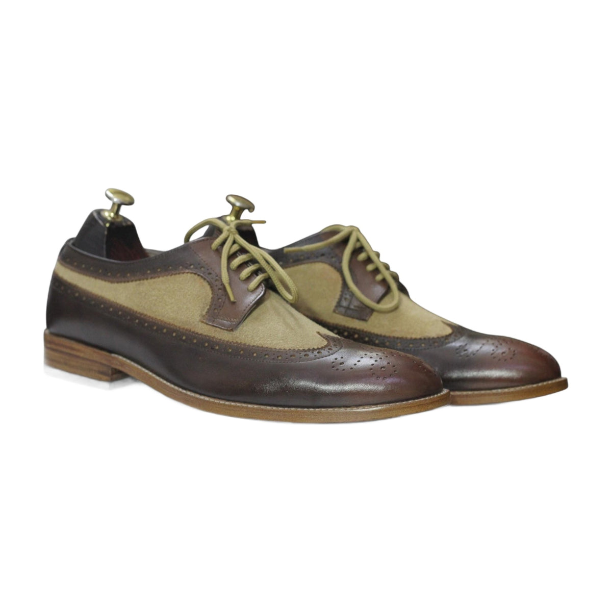 Handmade Two-Tone Brown & Beige Suede Wingtip Brogue Shoes