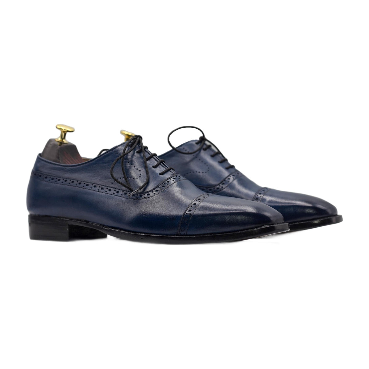 Handmade Blue Leather Cap-Toe Brogue Shoes