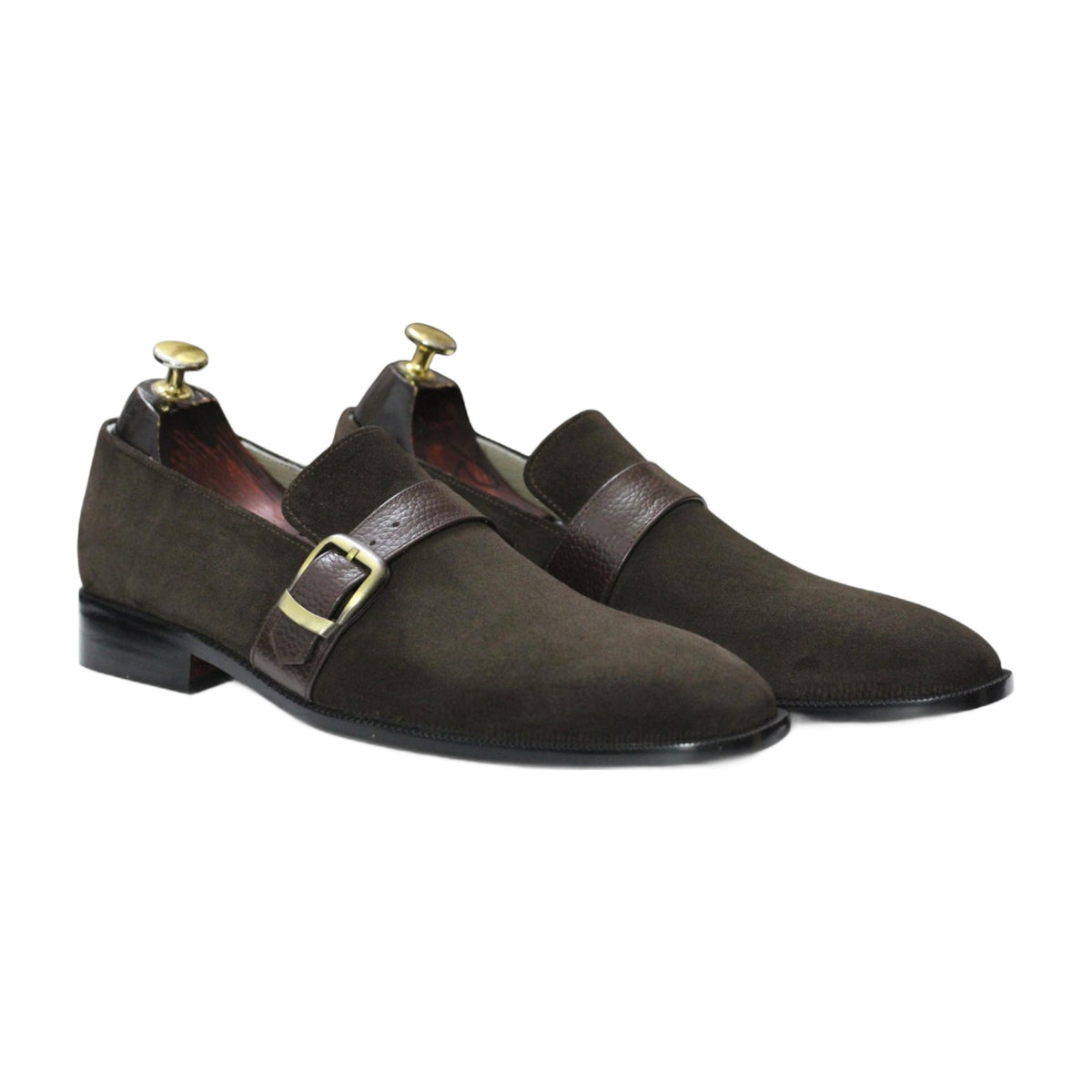 Handmade Dark Brown Suede Monk Strap Loafers
