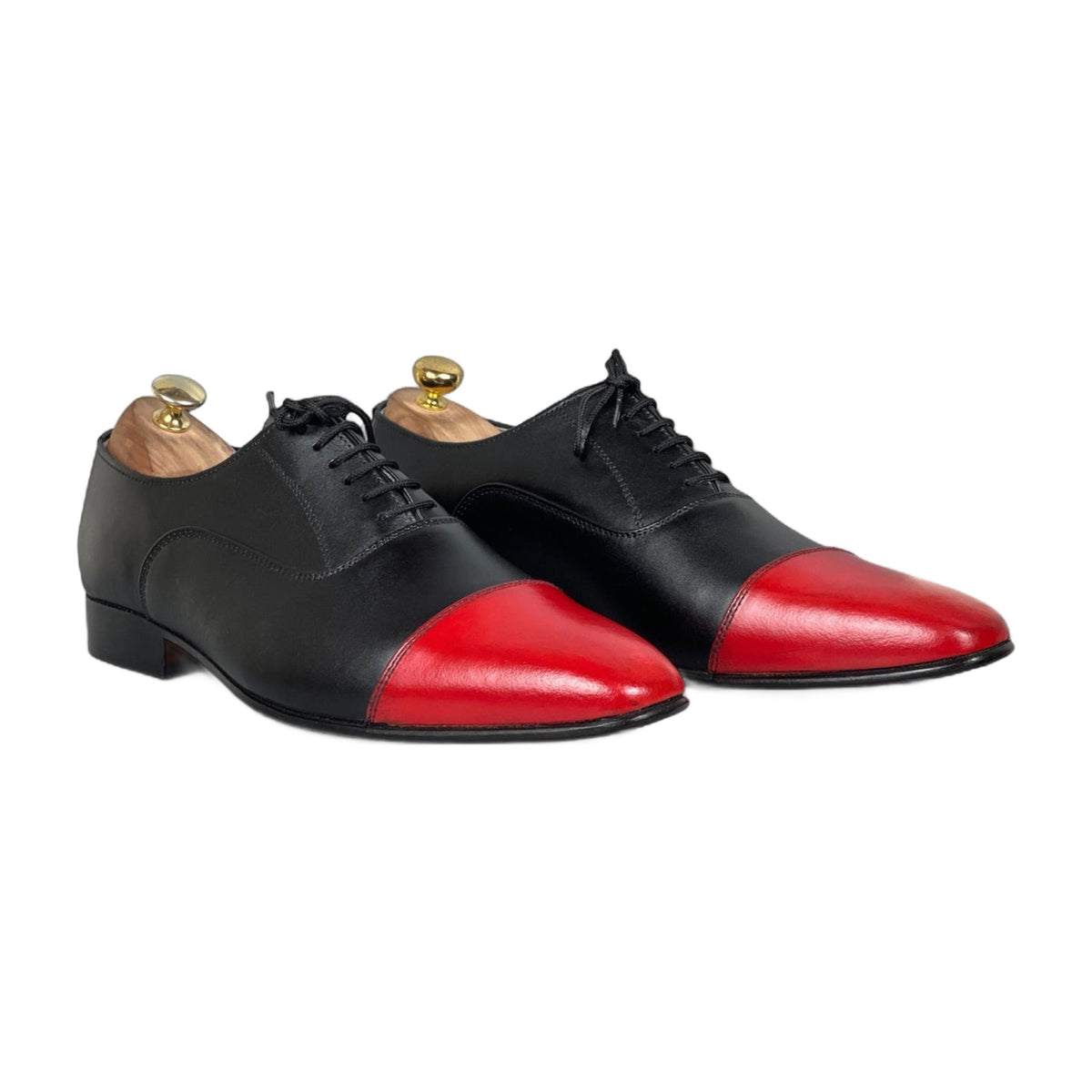 Handmade Two-Tone Black & Red Cap-Toe Oxford Shoes
