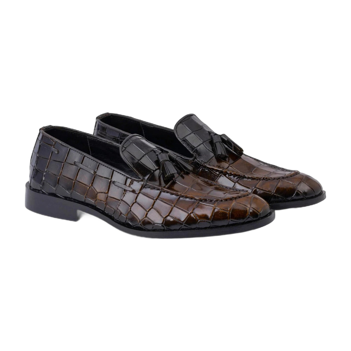 Handmade Brown Alligator Texture Tassel Loafers