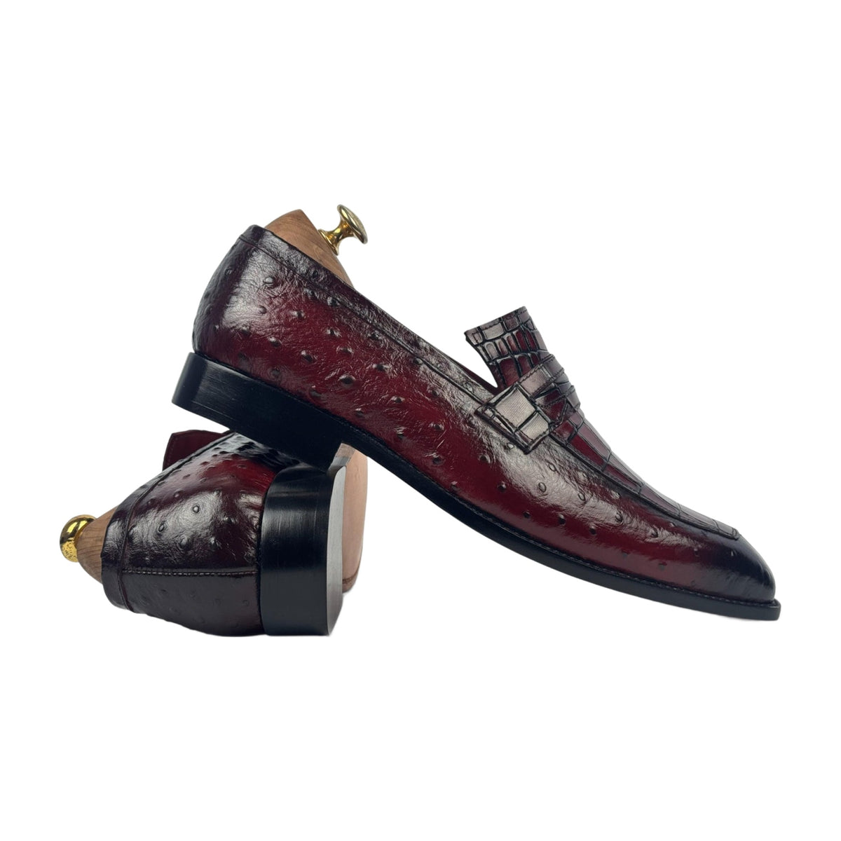 Handmade Burgundy Alligator & Ostrich Texture Loafers