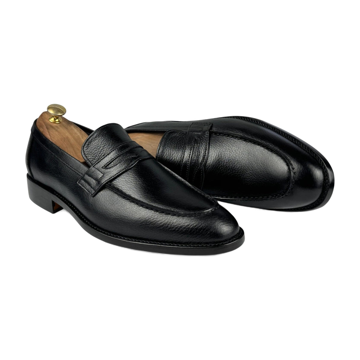 Handmade Black Pebble Grain Leather Penny Loafers