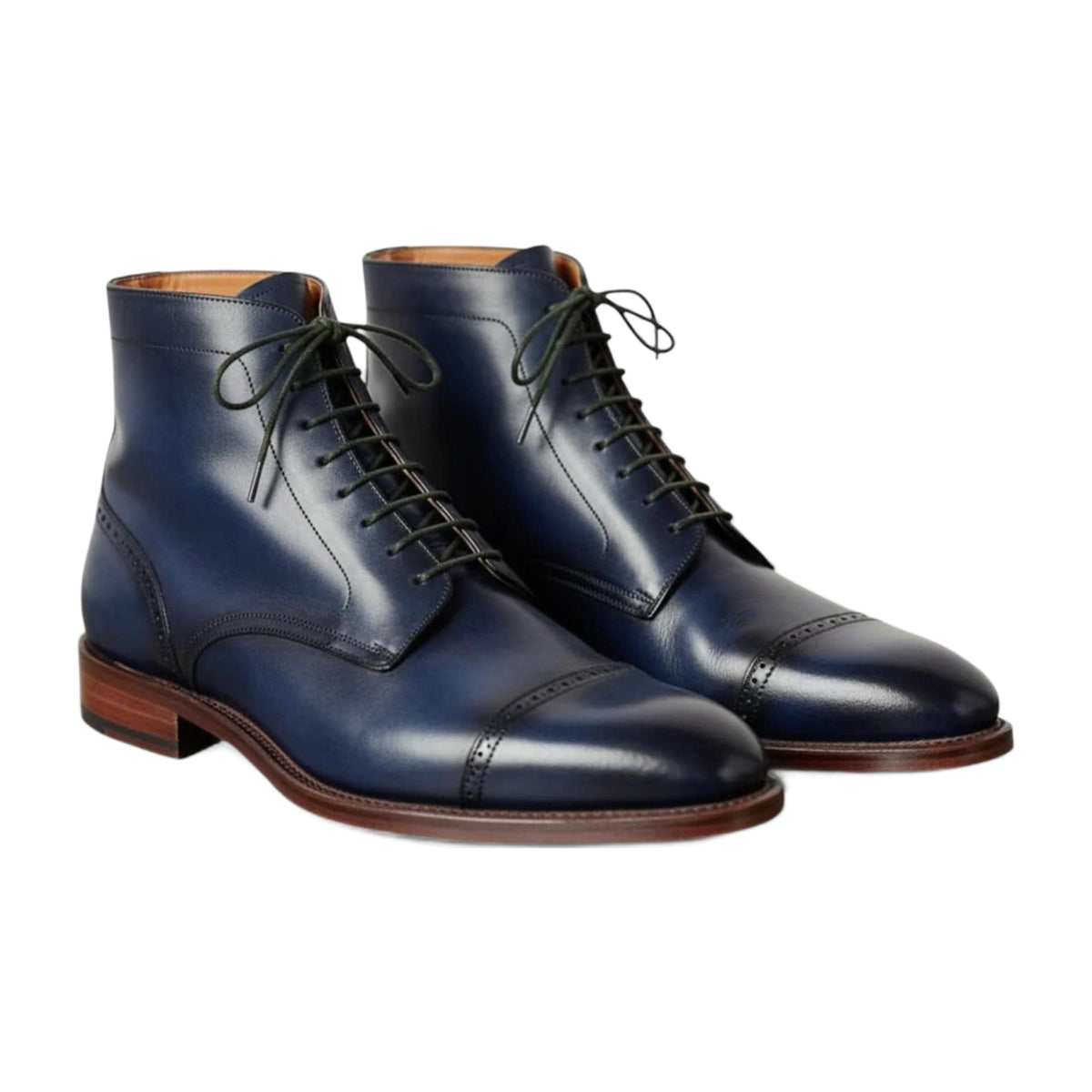 Handmade Blue Leather Cap-Toe Brogue Boots