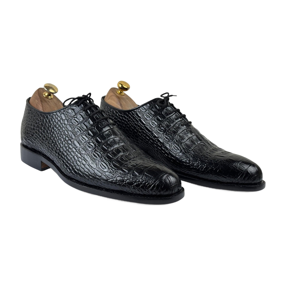 Handmade Black Crocodile Texture Hand-Stitched Oxford Shoes