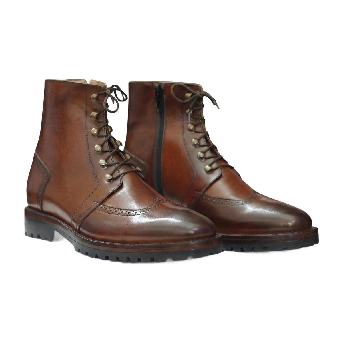 Handmade Brown Leather Wingtip Lug Sole Zip Boots