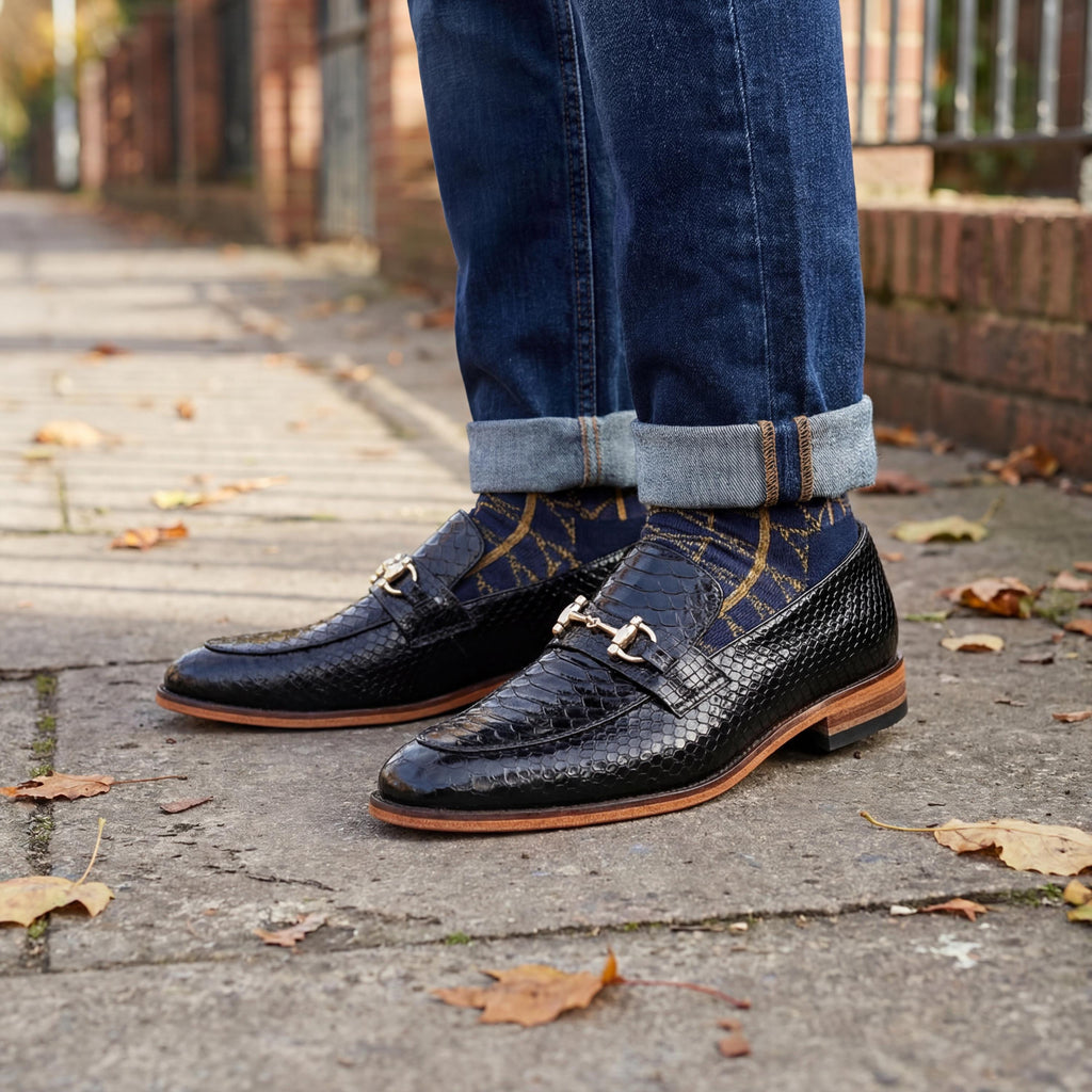 Handmade Black Snake Print Horsebit Loafers