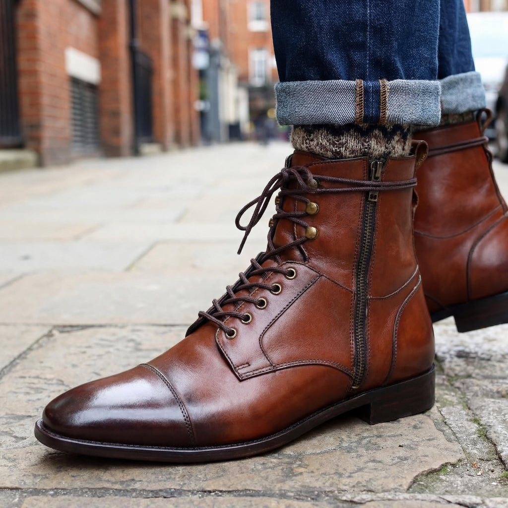 Handmade Cognac Leather Cap-Toe Side-Zip Boots