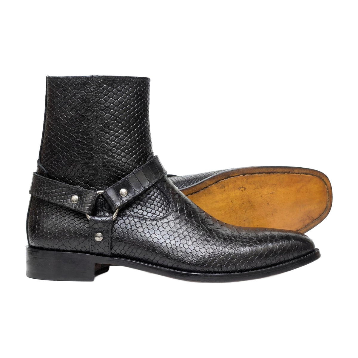 Handmade Black Snakeskin Leather Harness Zip Boots