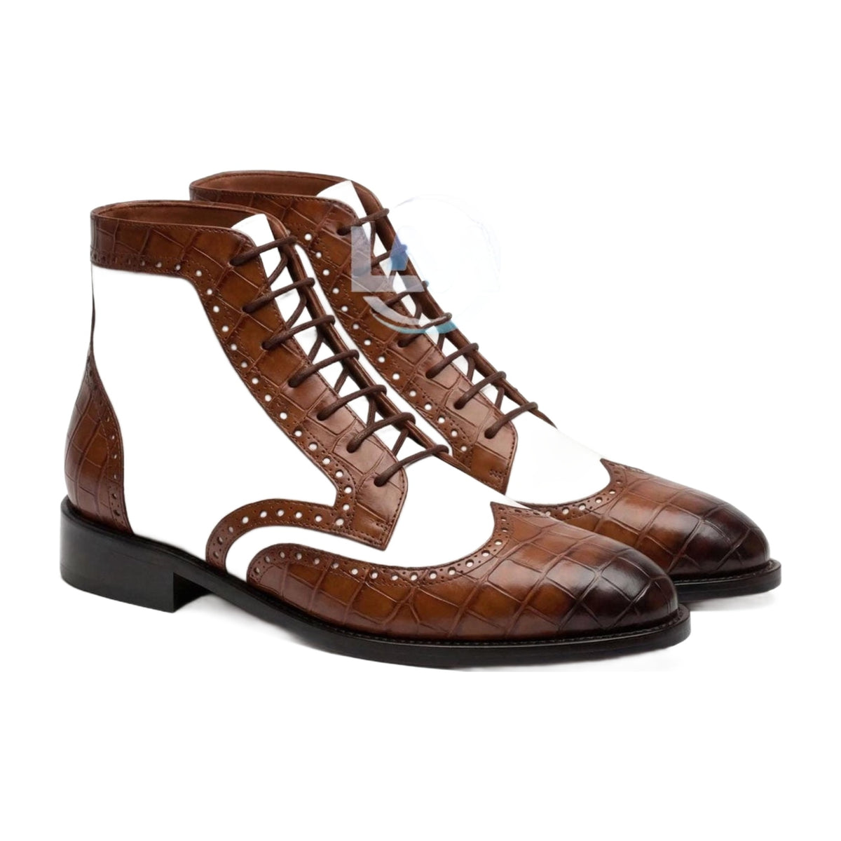 Handmade Two-Tone Tan & White Crocodile Print Wingtip Boots