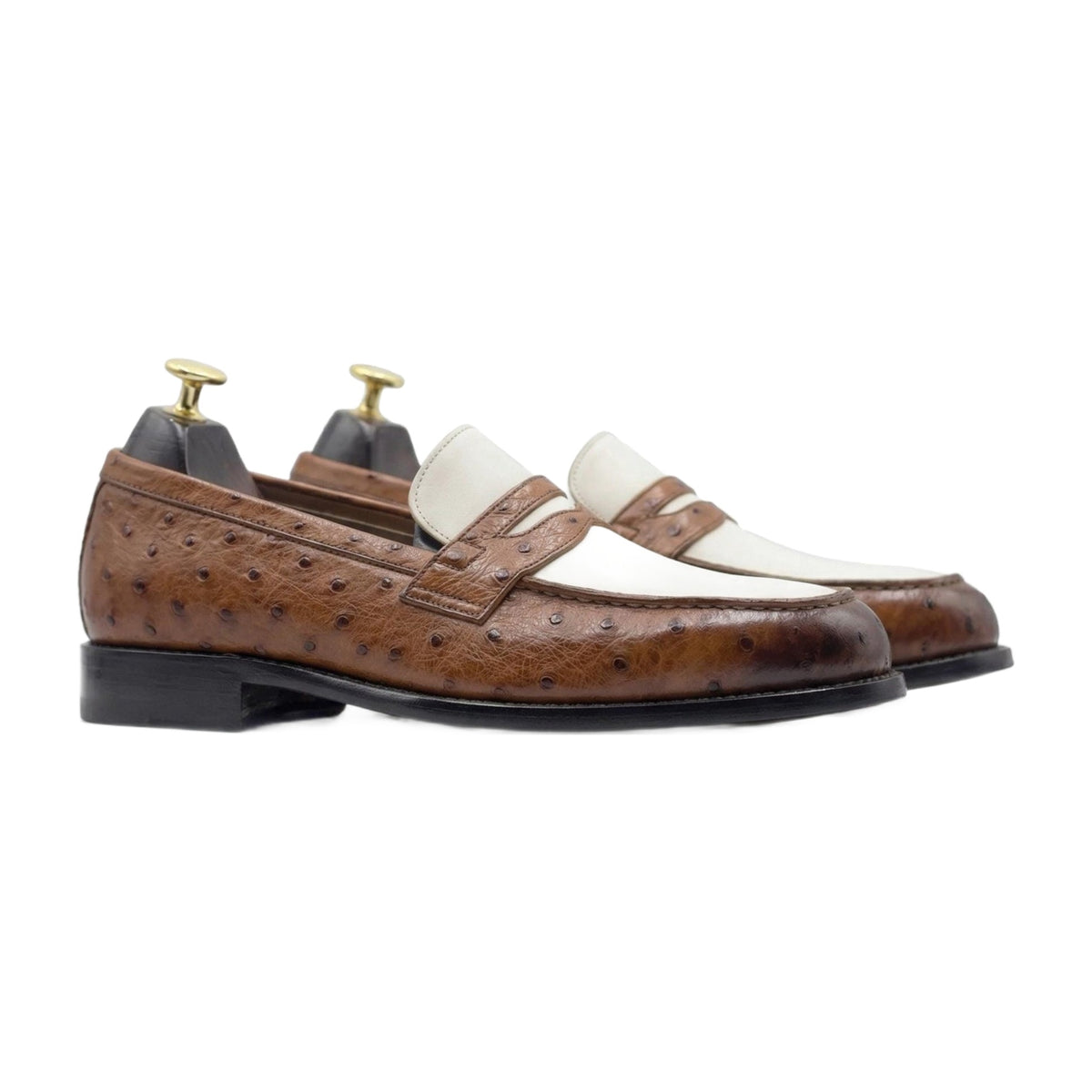 Handmade Two-Tone Brown & White Ostrich Penny Loafers