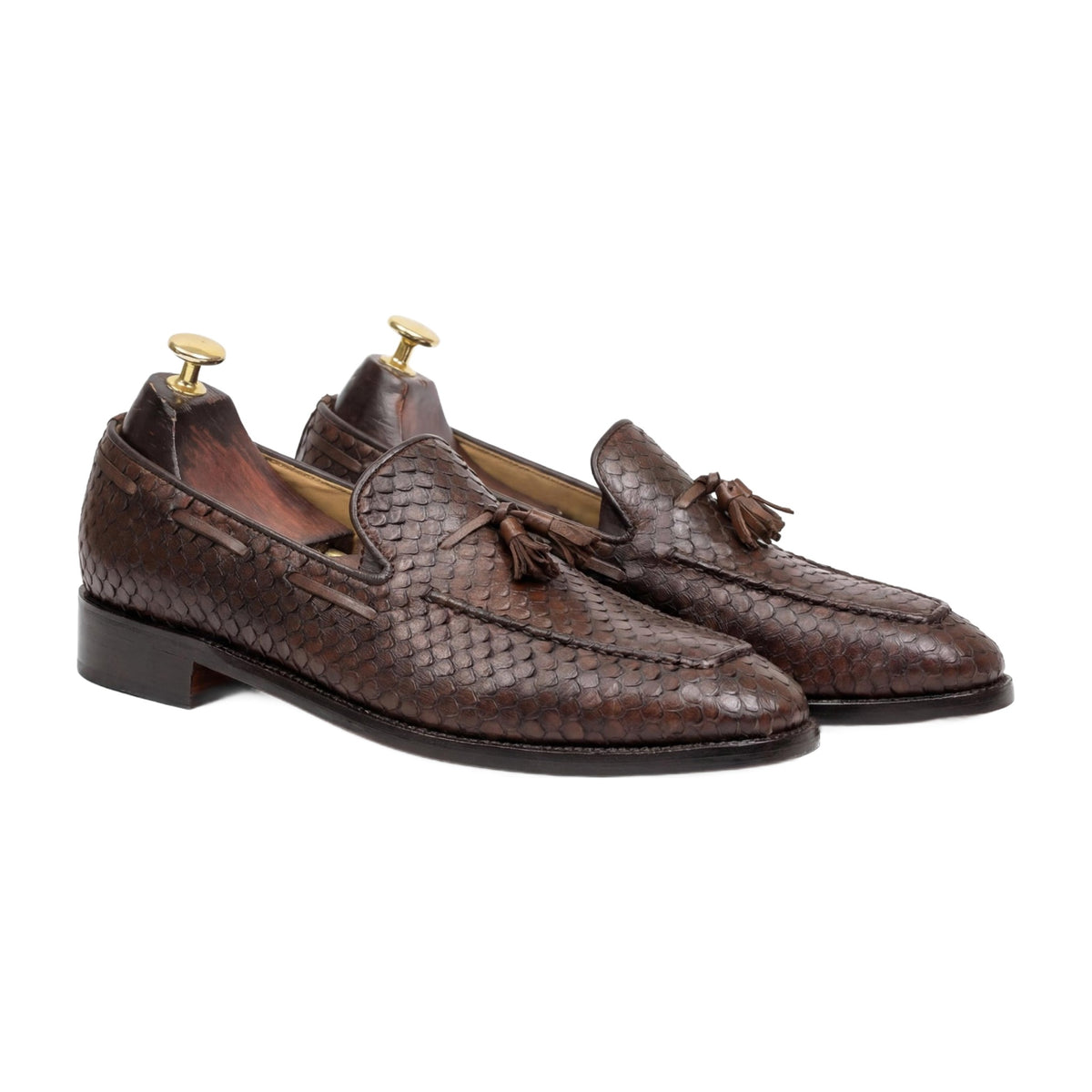 Handmade Dark Brown Python Woven Tassel Loafers