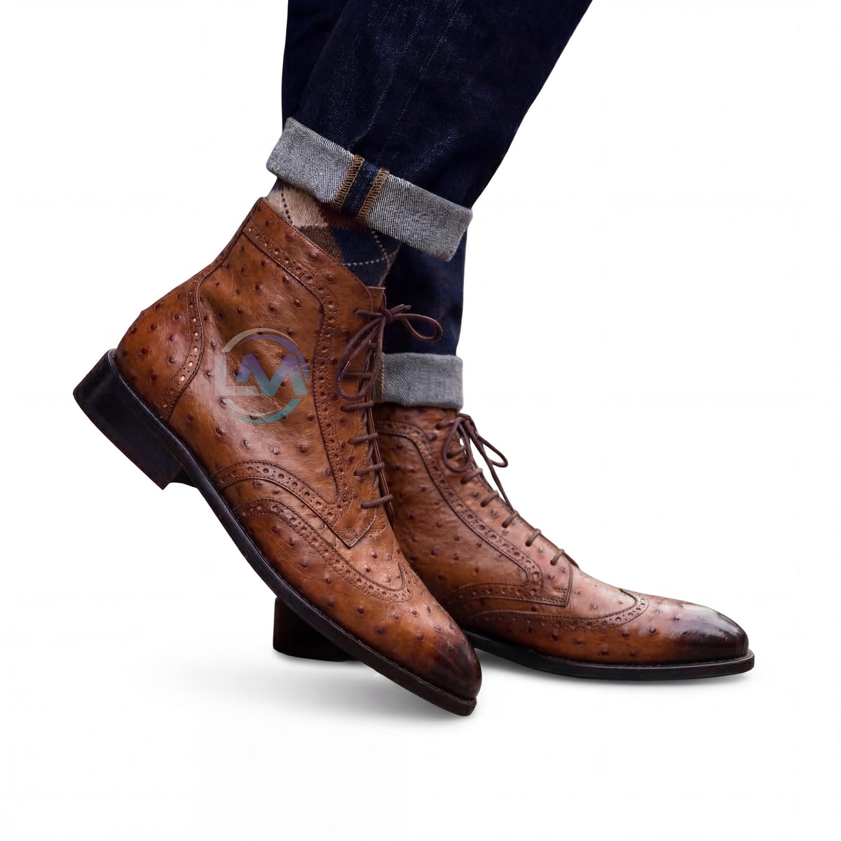 Handmade Ostrich Leather Wingtip Brogue Boots