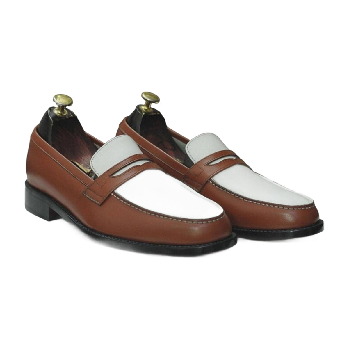 Handmade Two-Tone Brown & White Leather Penny Loafers