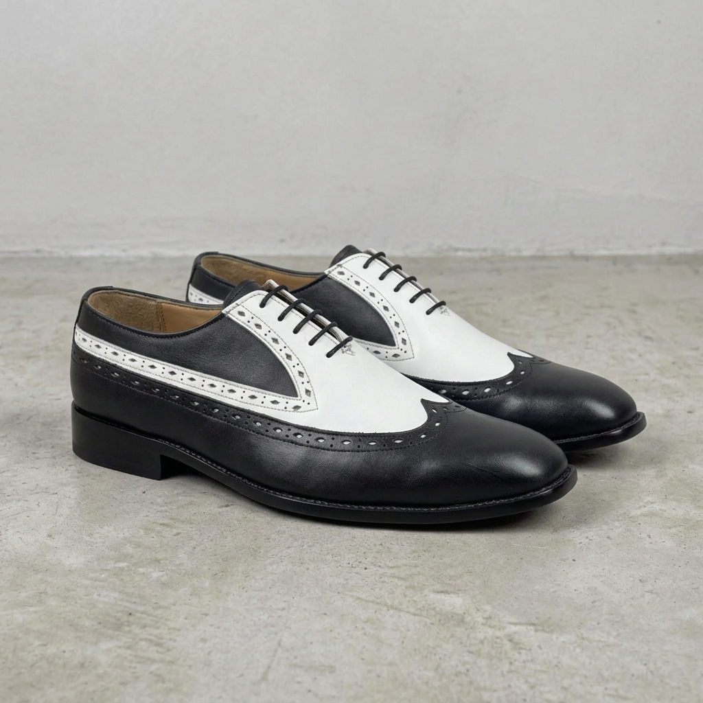 Handmade Two-Tone White & Black Wingtip Shoes