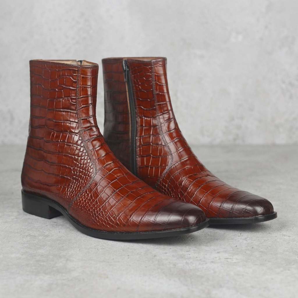 Handmade Burgundy Alligator Print Zip Ankle Boots
