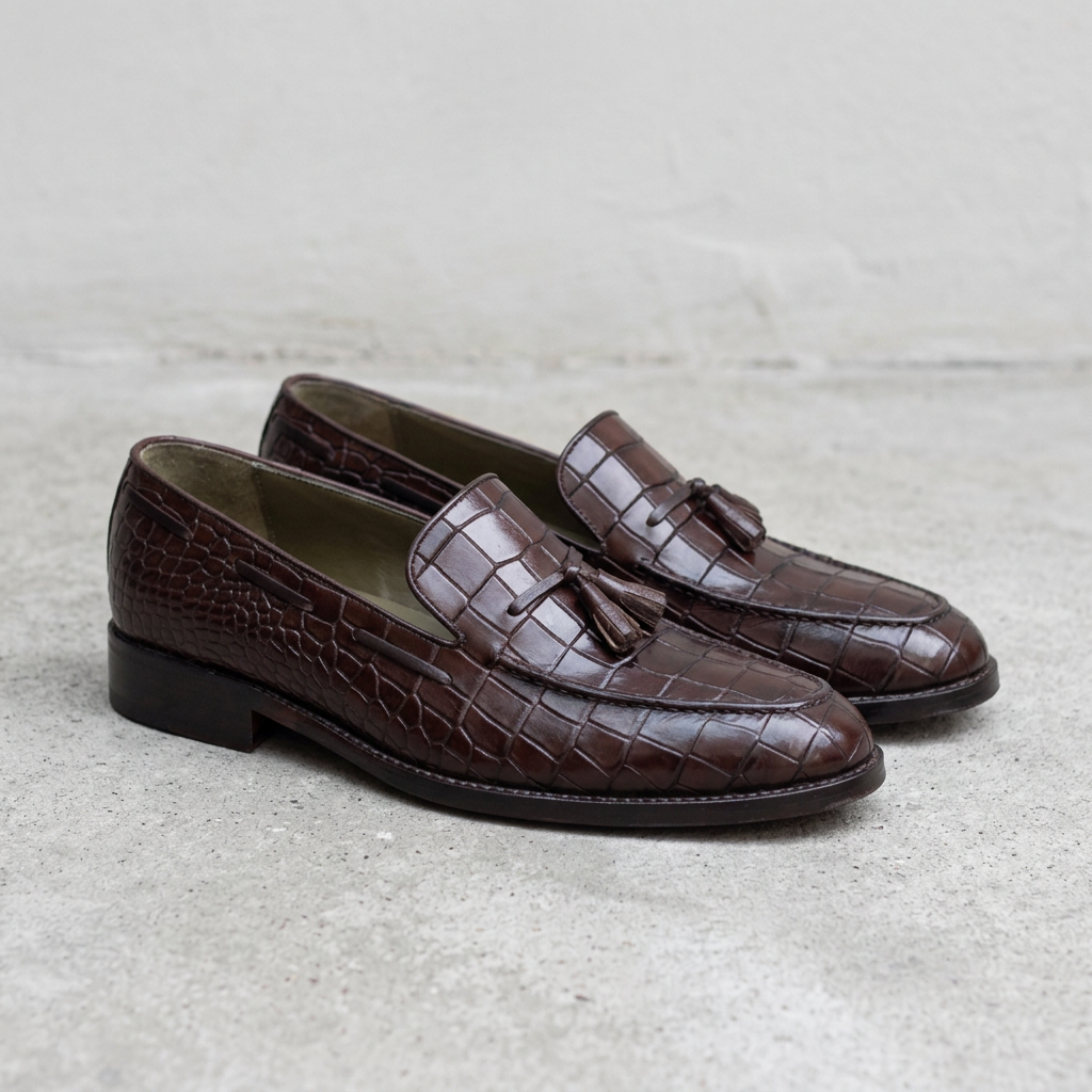 Handmade Brown Alligator Print Tassel Slip-On Loafers
