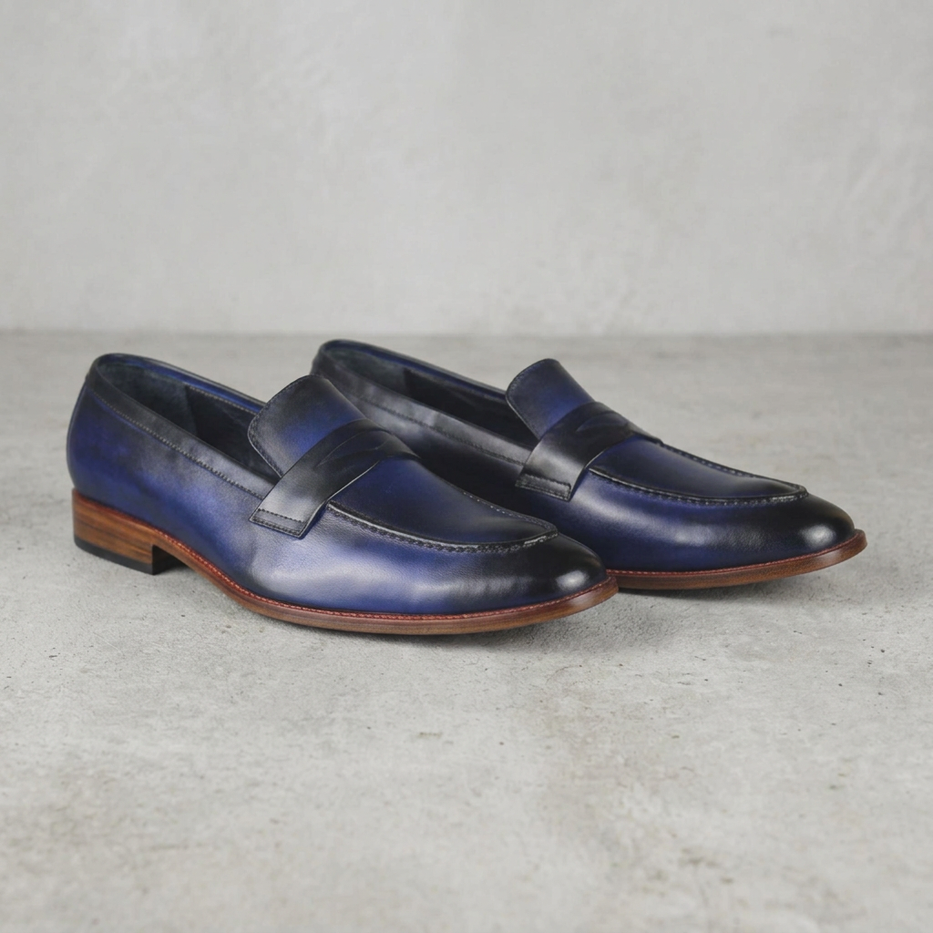 Handmade Navy Leather Penny Loafers