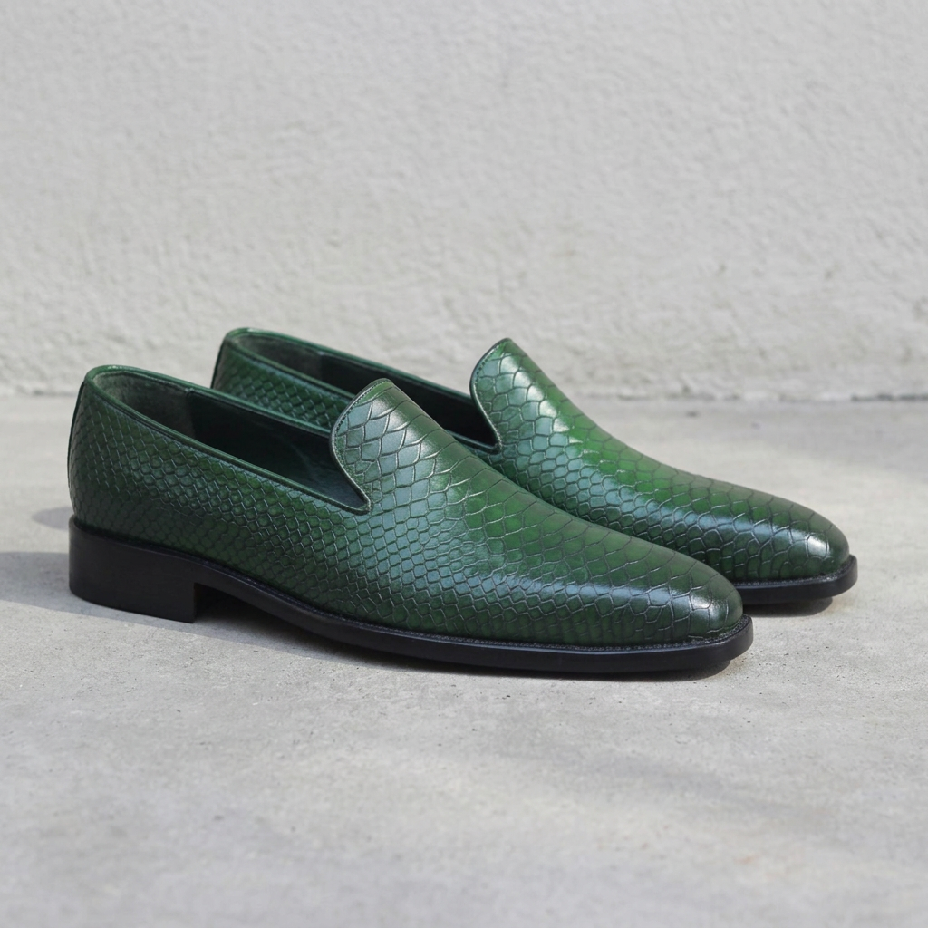 Handmade Green Python Print Penny Loafers