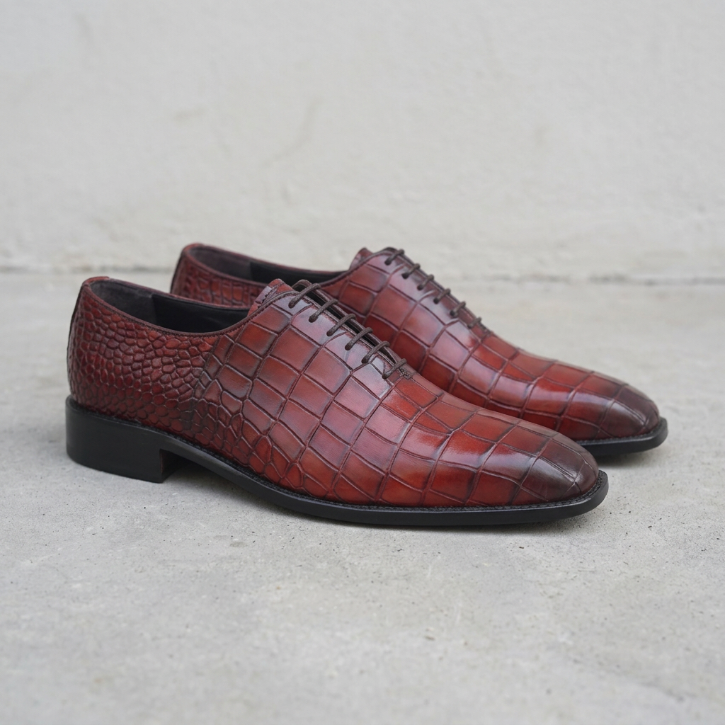 Handmade Burgundy Alligator Print Wholecut Oxford Shoes