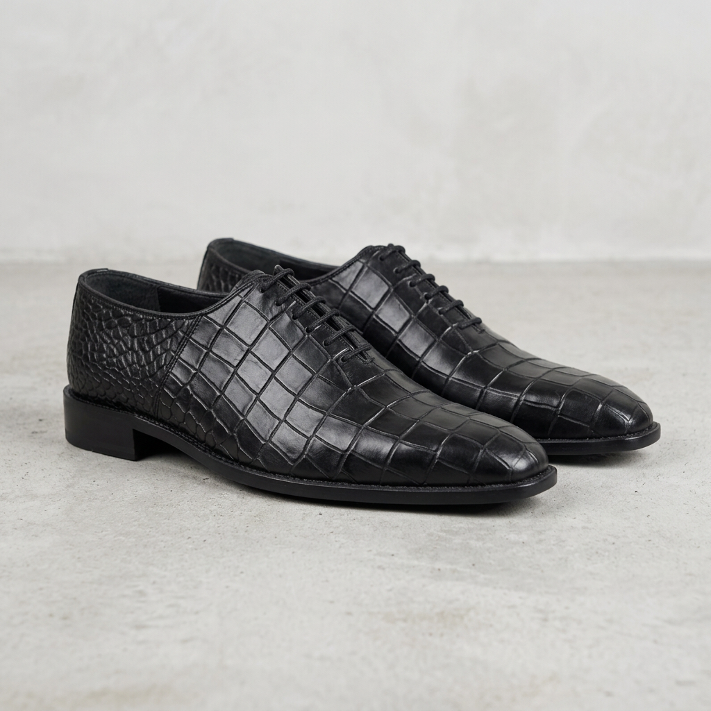 Handmade Black Alligator Print Wholecut Oxford Shoes