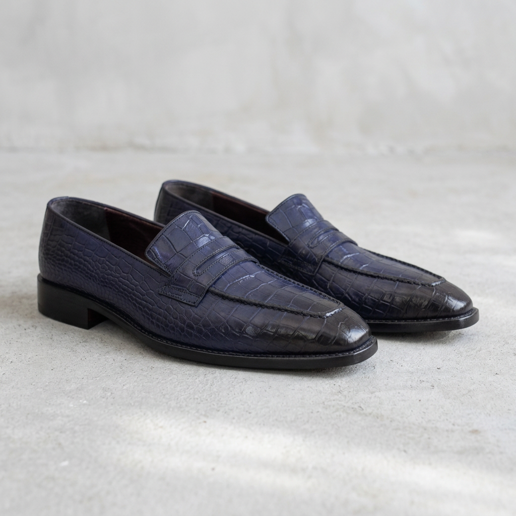 Handmade Navy Blue Alligator Print Loafers