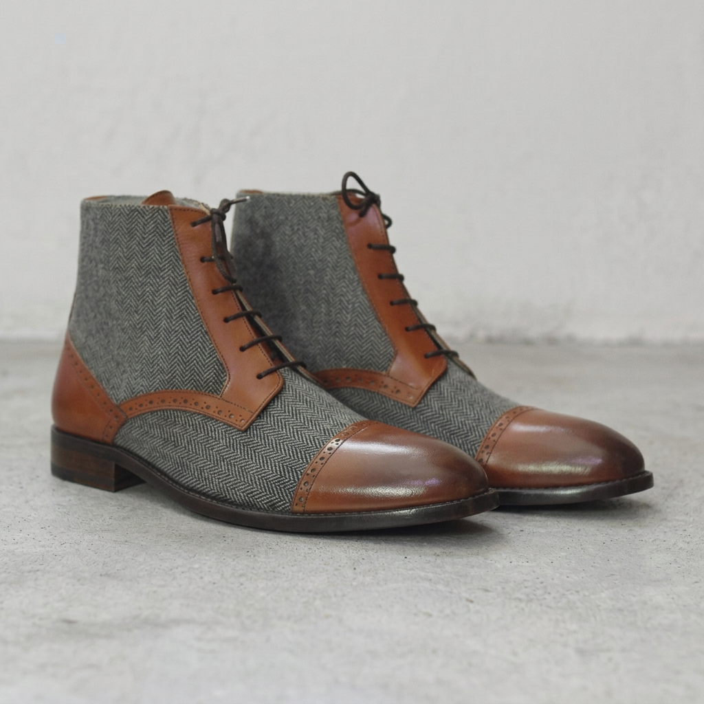 Handmade Tweed & Leather Cap-Toe Brogue Boots