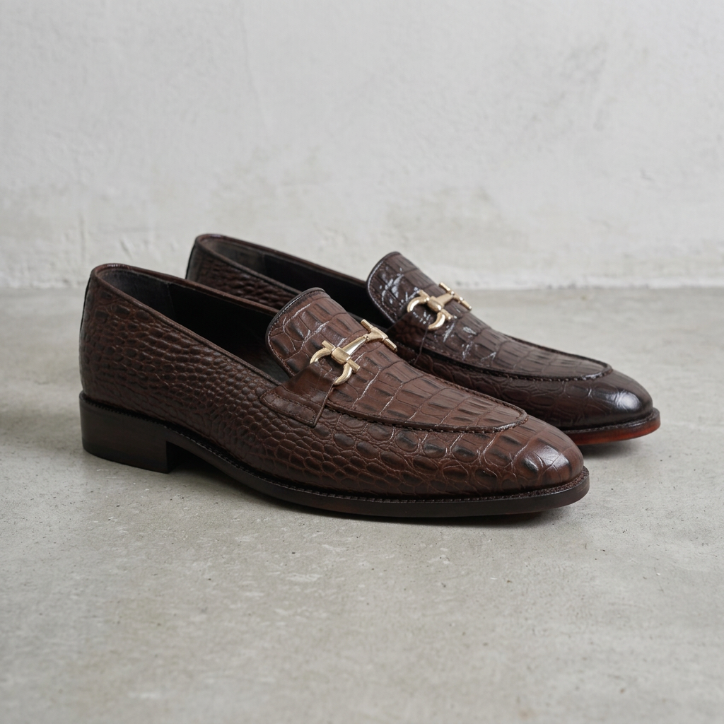 Handmade Crocodile Print Horsebit Penny Loafers