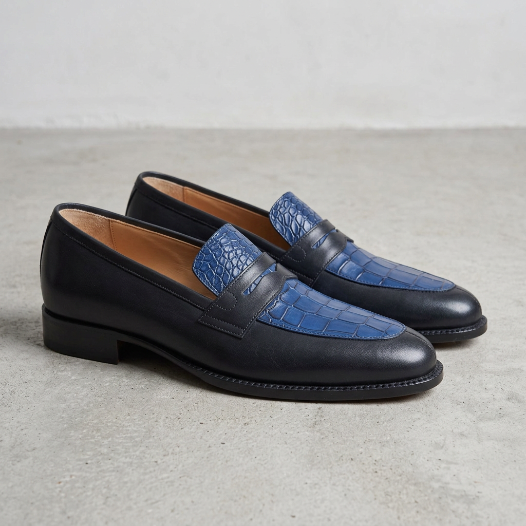Handmade Black & Blue Alligator Print Penny Loafers