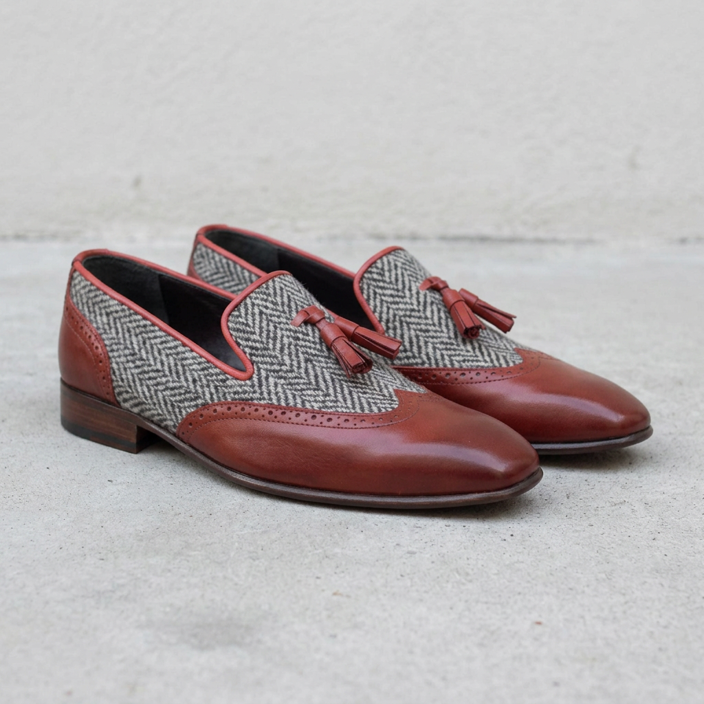 Handmade Maroon Leather & Tweed Tassel Loafers