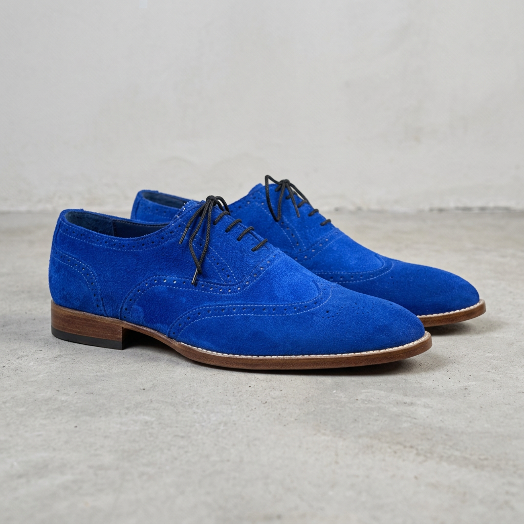 Handmade Blue Leather Wingtip Shoes