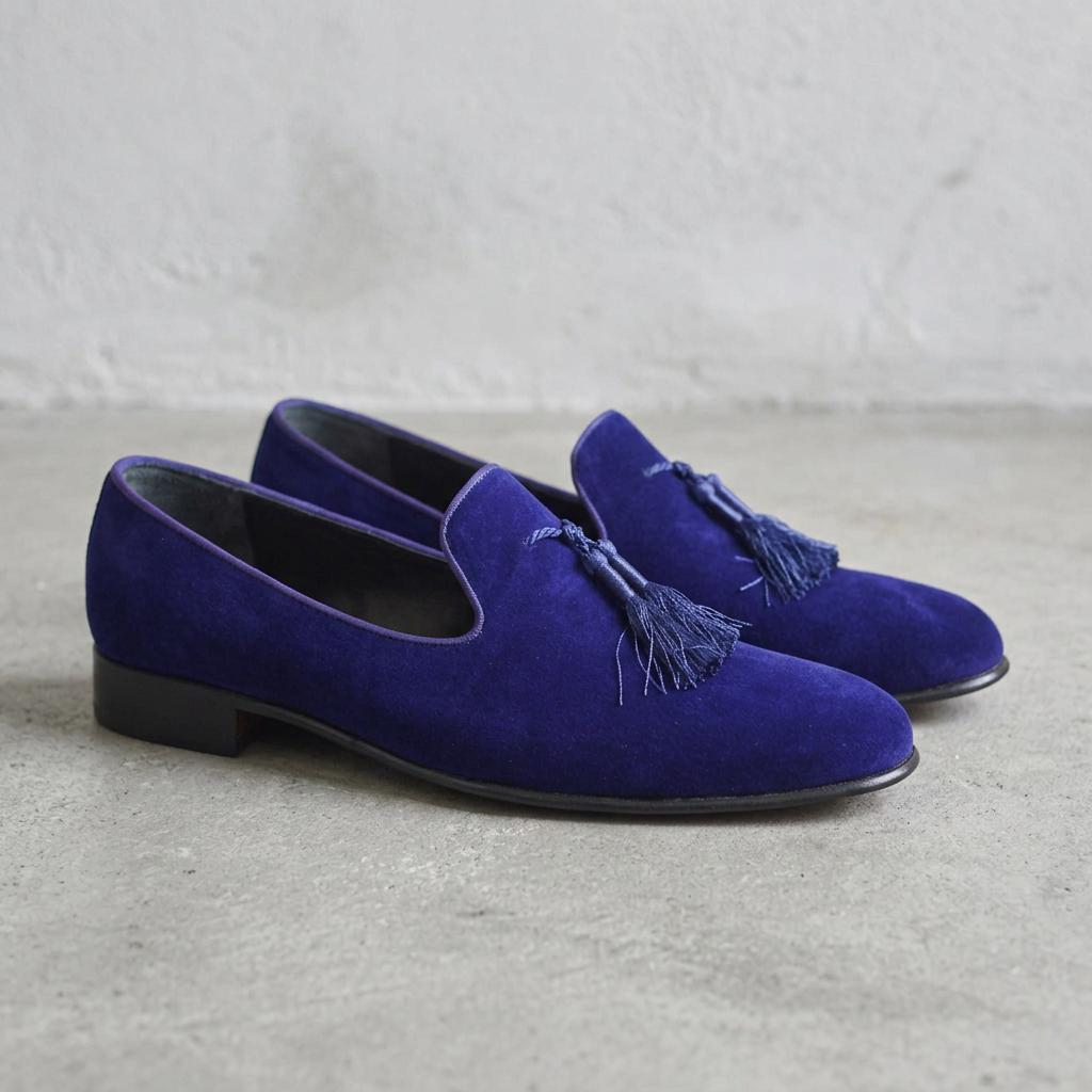 Handmade Blue Velvet Tassel Loafers