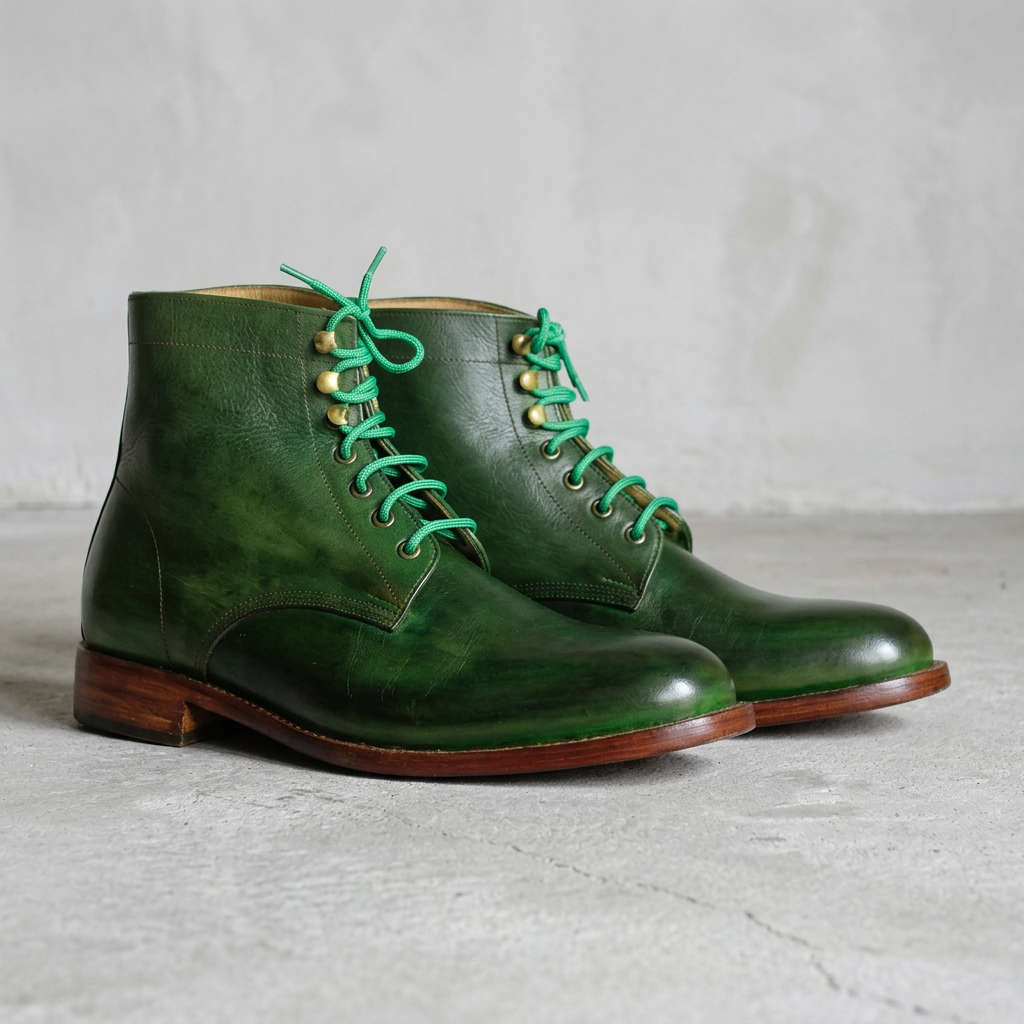 Handmade Green Leather Lace-Up Ankle Boots