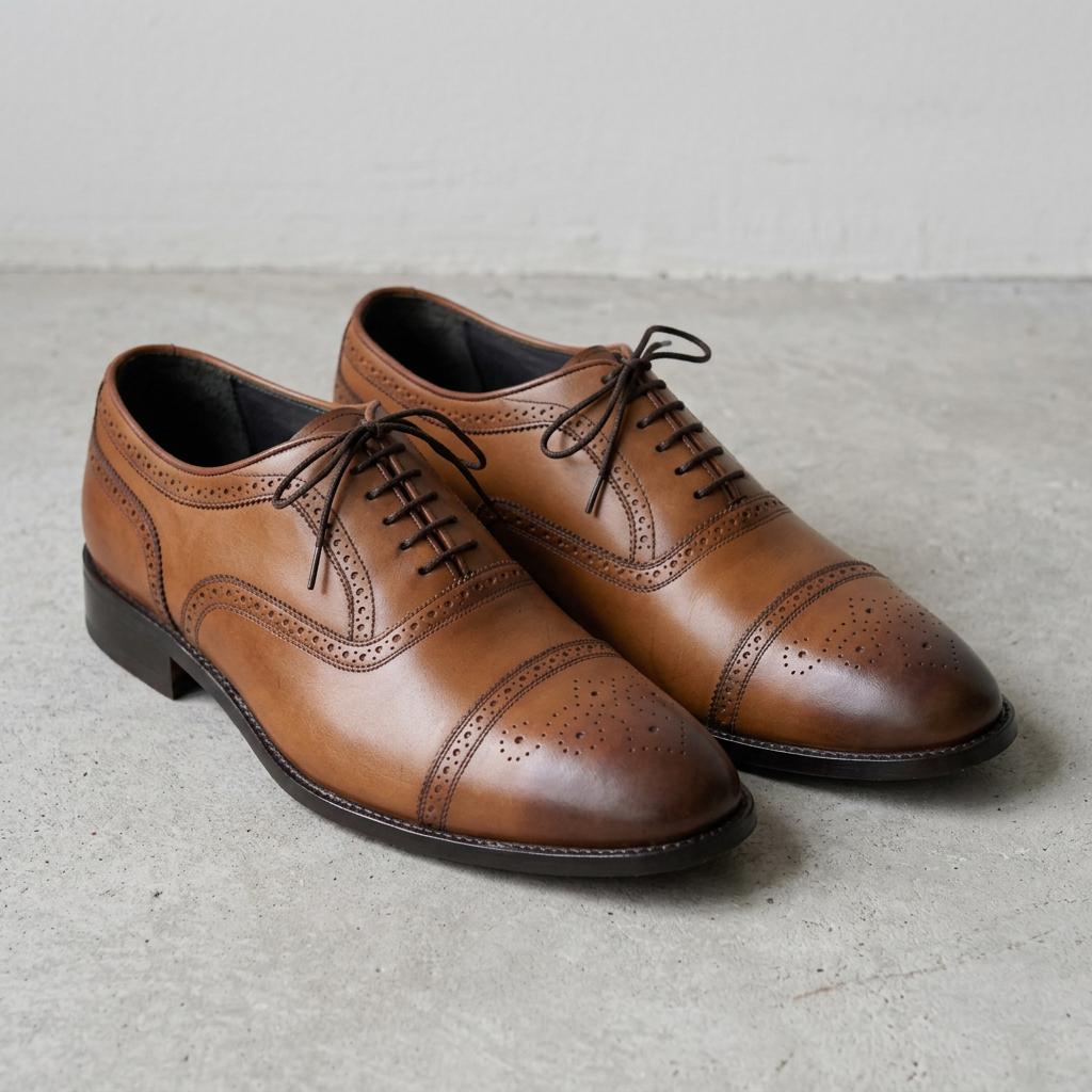 Handmade Cognac Leather Cap-Toe Brogue Oxford Shoes