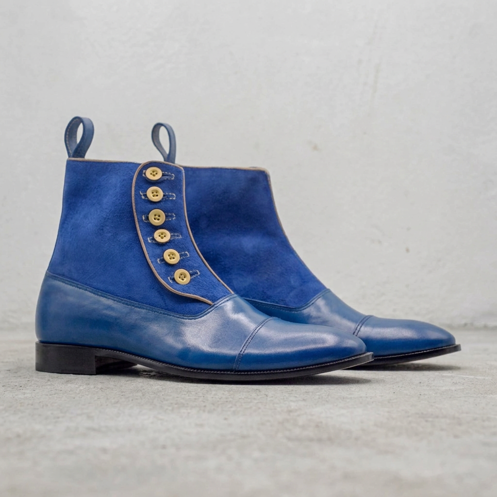 Handmade Blue Leather & Suede Wingtip Button Boots