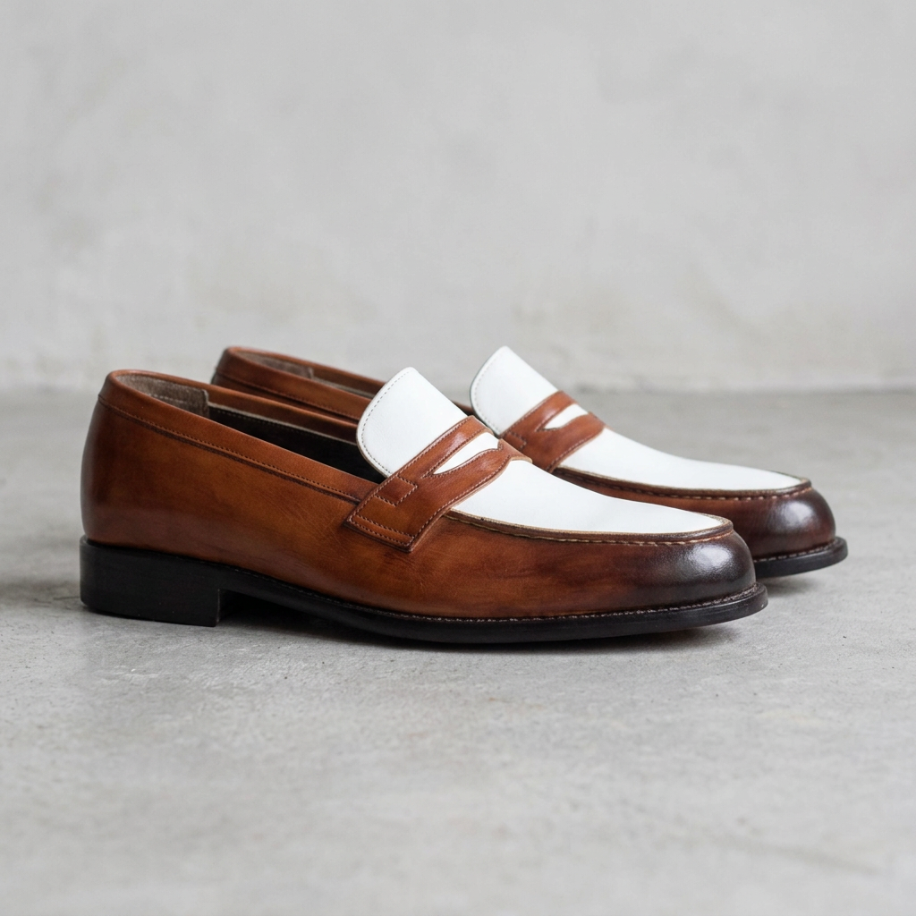 Handmade Two-Tone Brown & White Penny Loafers