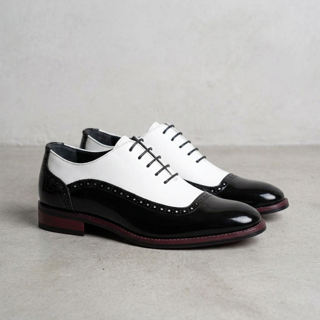Handmade Two-Tone Black & White Patent Oxford Shoes