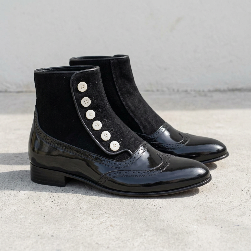 Handmade Black Patent & Suede Button-Up Boots