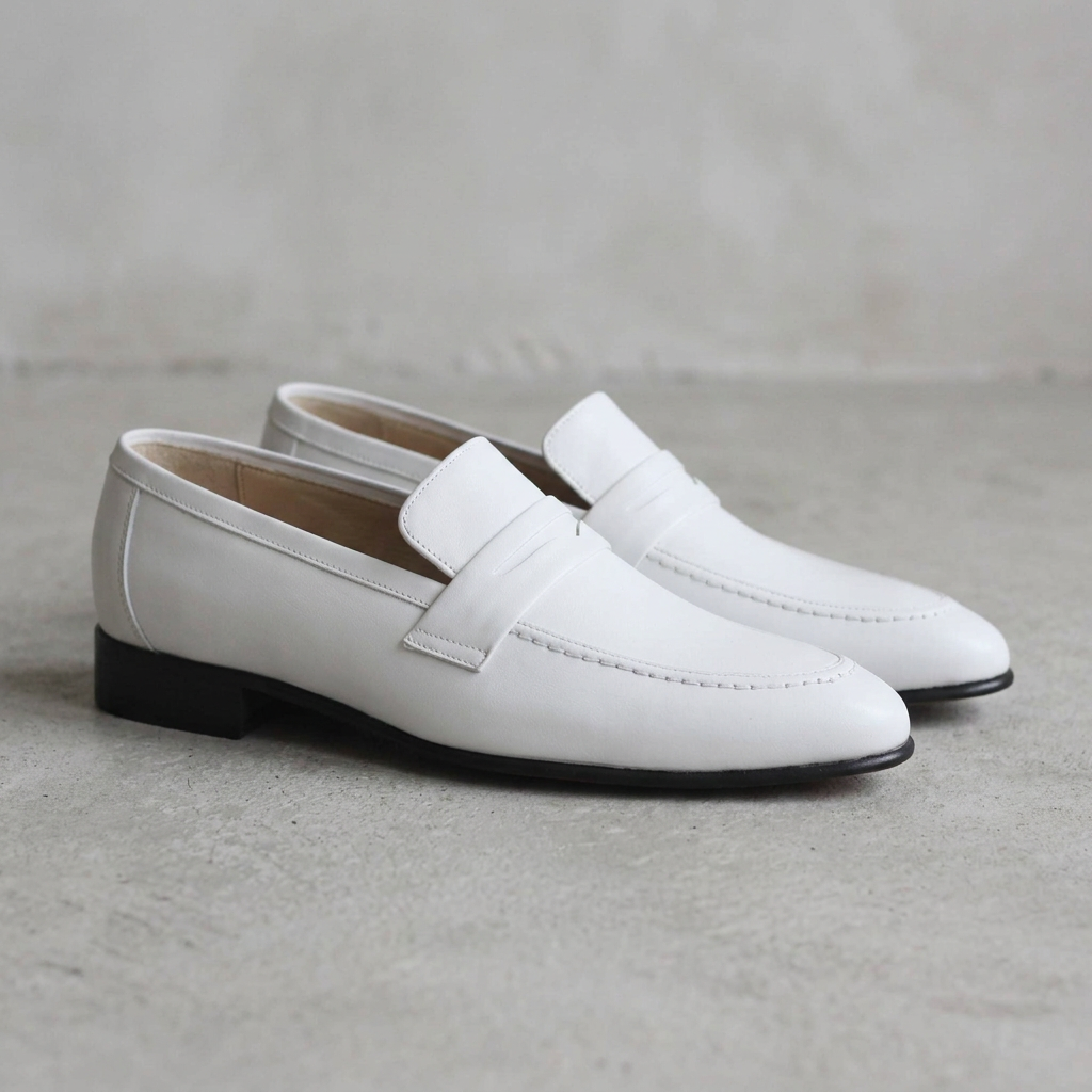 Handmade White Leather Penny Loafers