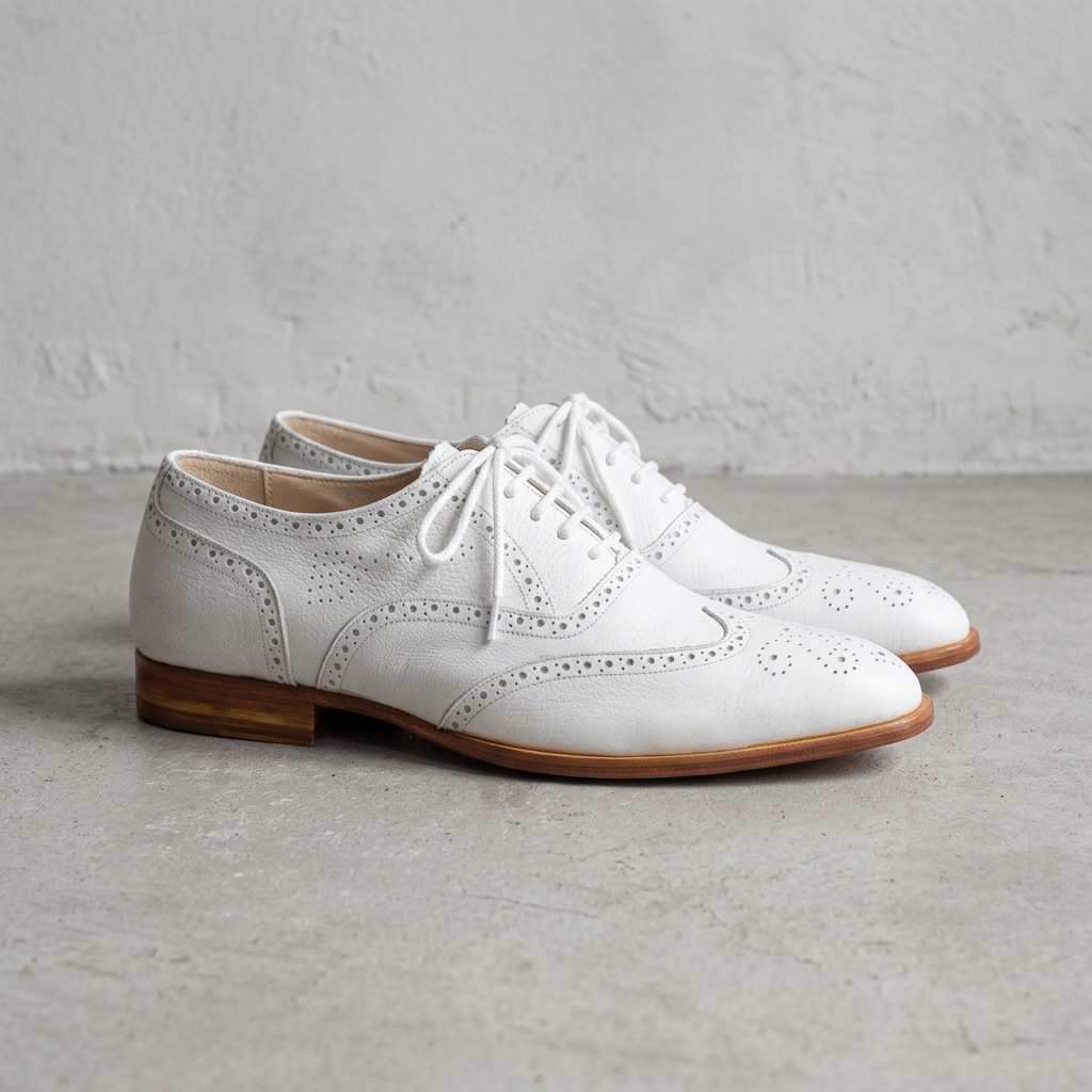 Handmade White Leather Wingtip Brogue Shoes