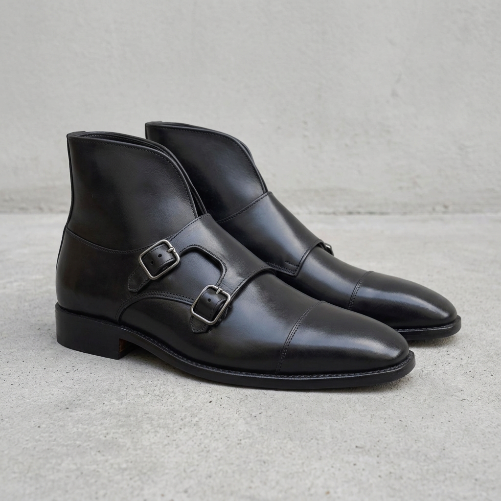 Handmade Black Leather Double Monk Strap Boots