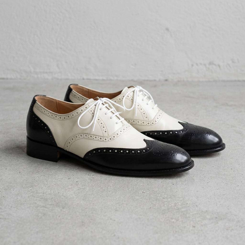 Handmade Two-Tone Cream & Black Wingtip Oxford Shoes