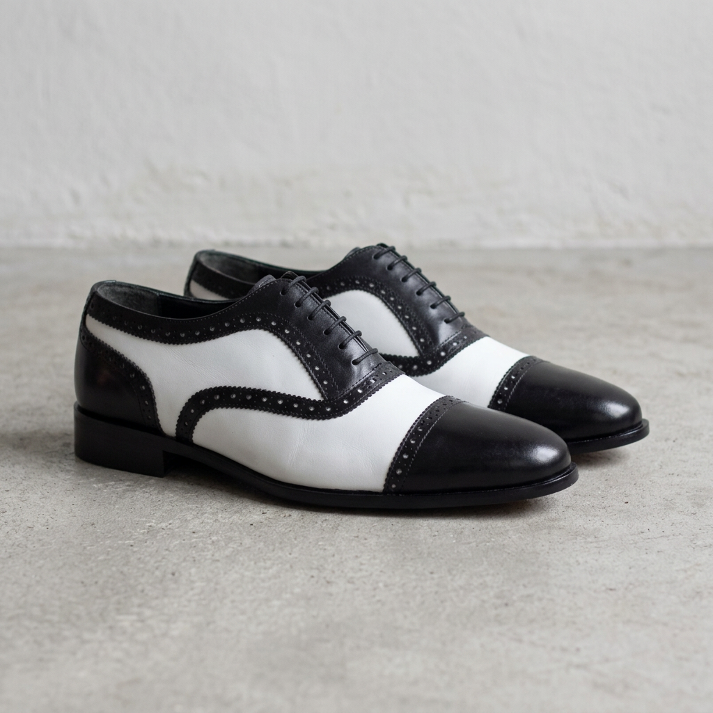 Handmade Two-Tone White & Black Cap-Toe Oxford Shoes