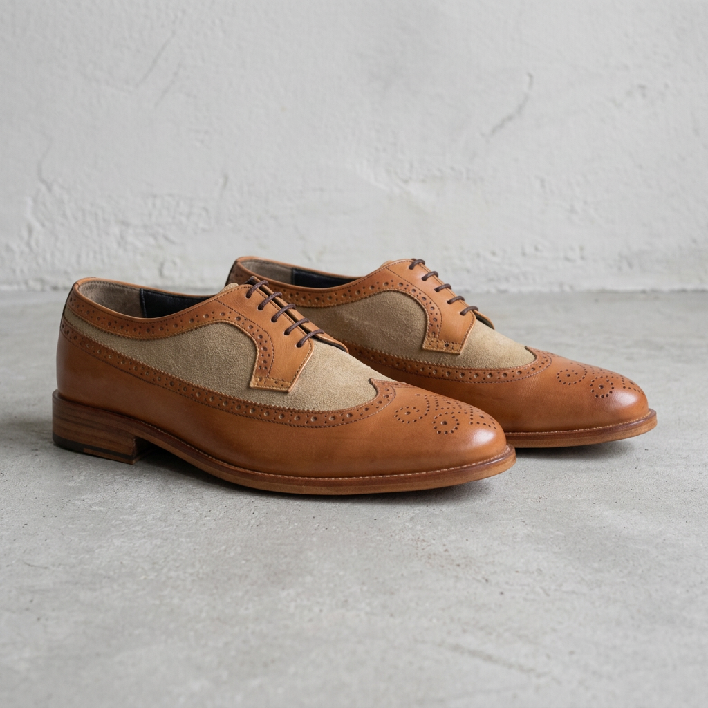 Handmade Two-Tone Brown Leather & Suede Wingtip Oxford Shoes