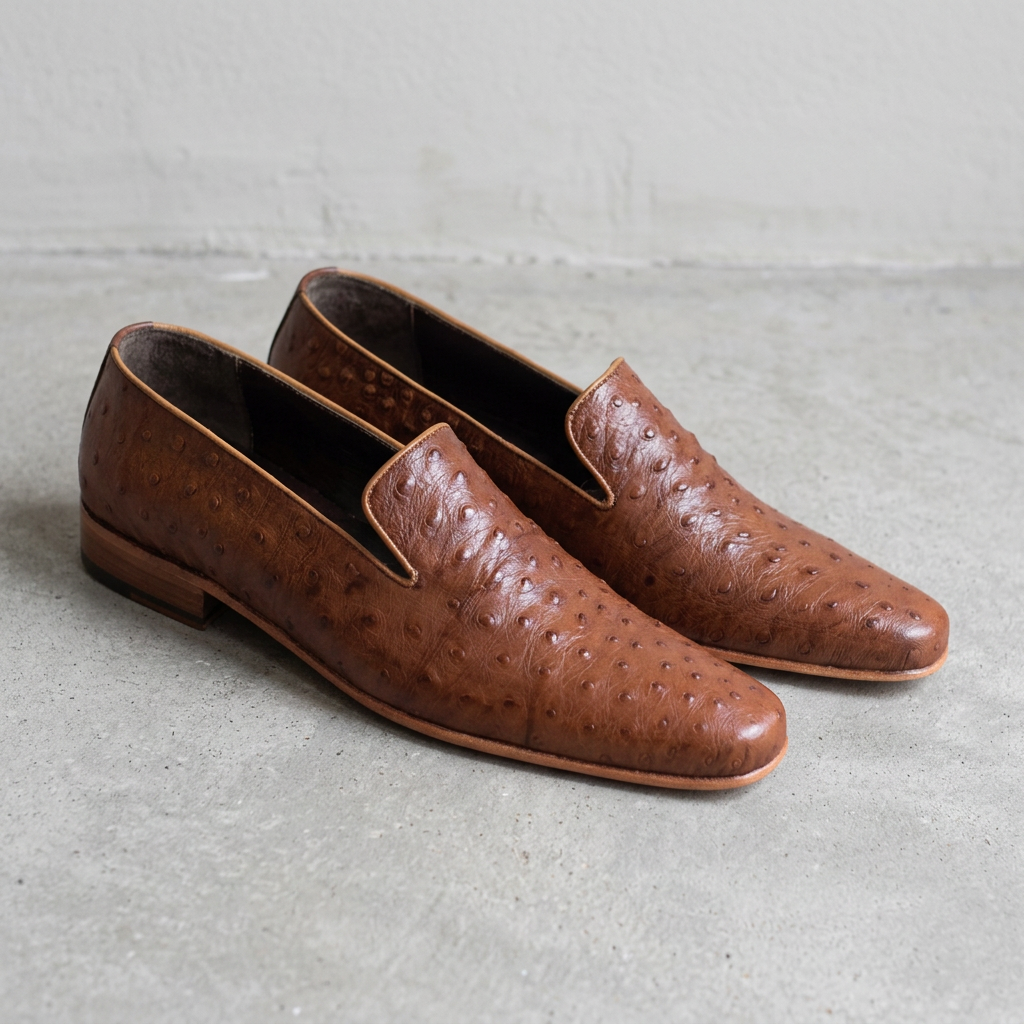 Handmade Brown Ostrich Leather Loafers