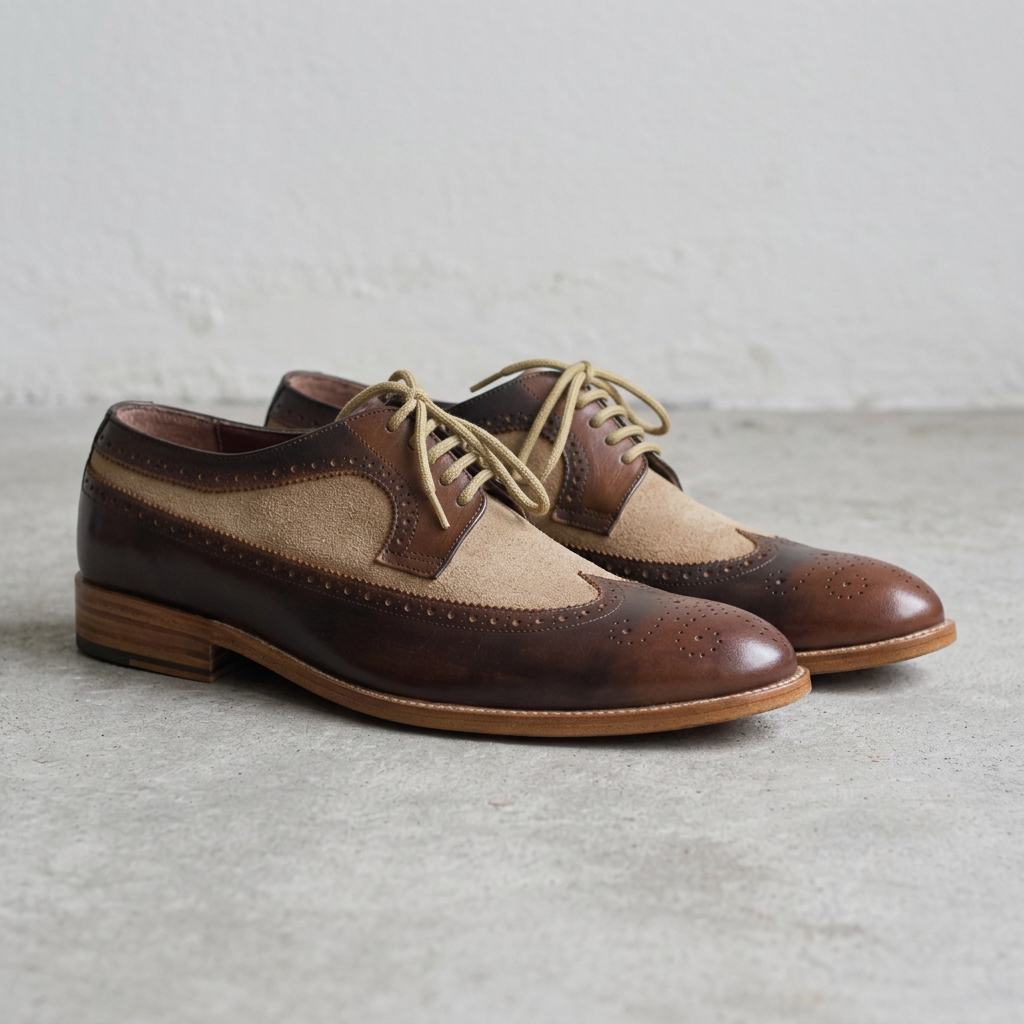 Handmade Two-Tone Brown & Beige Suede Wingtip Brogue Shoes