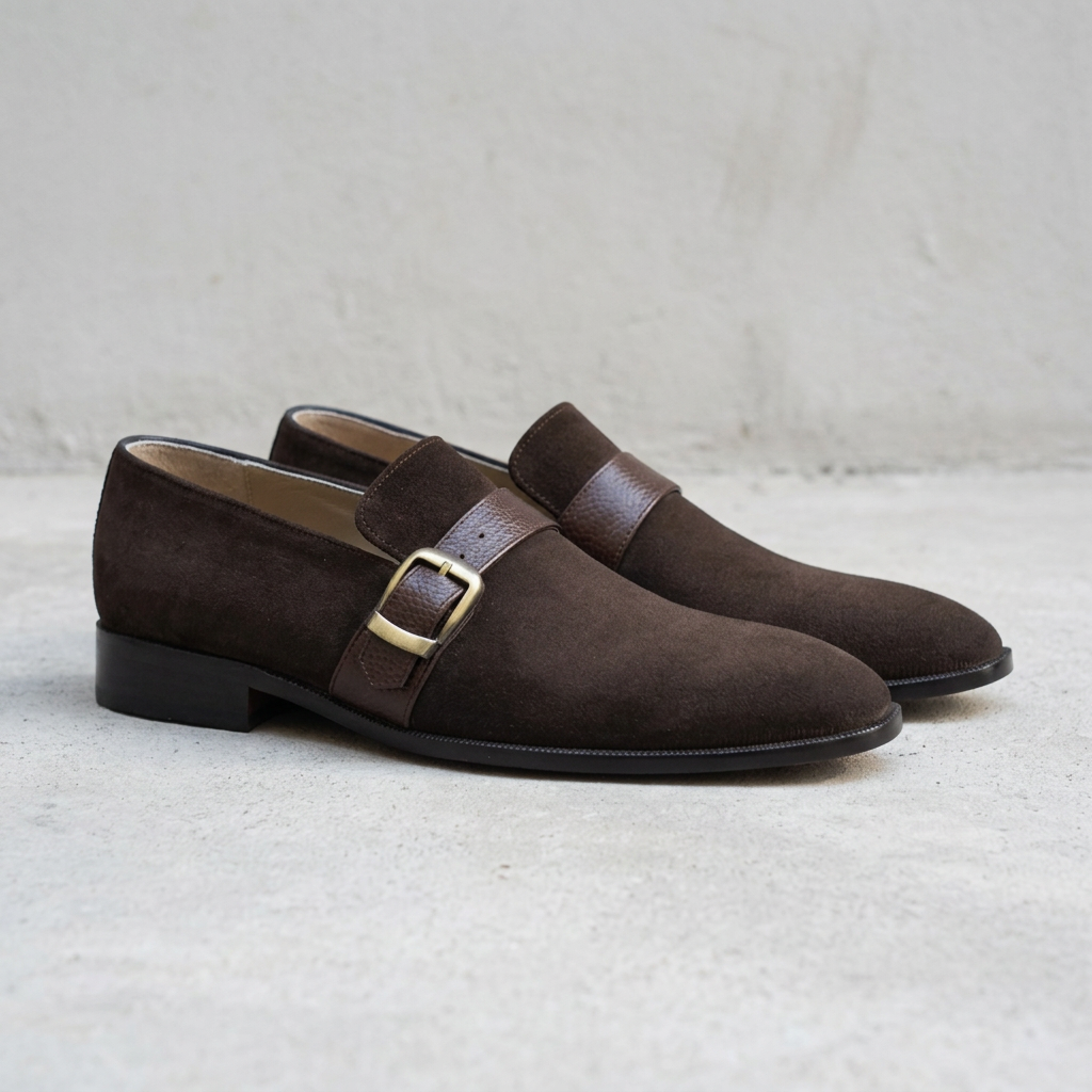 Handmade Dark Brown Suede Monk Strap Loafers